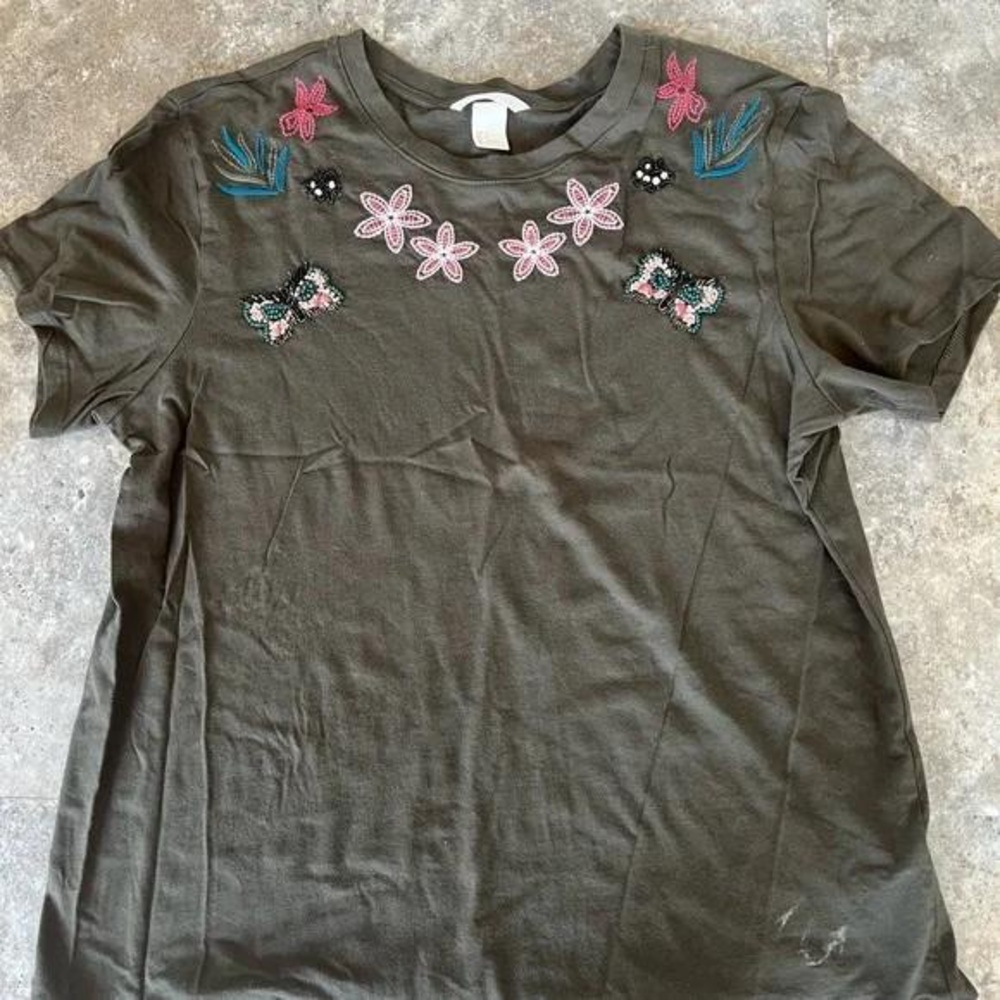 Embroidered Olive Green T-Shirt